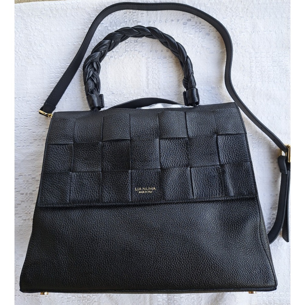 Lia Numa Women's Black Italian Leather Handbag Crossbody Strap Purse Tote